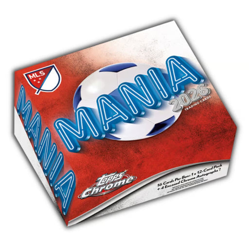 Topps Chrome MLS Mania 2026 Hobby Box featuring a blue and white soccer ball, red background, bold blue “MANIA” text, and official Topps branding with pack details.