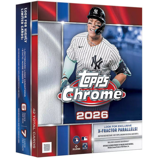 Topps Chrome MLB 2026 Mega Box by Topps, featuring a Yankees player on the cover in uniform and helmet holding a bat. The box contains 42 total cards, with 6 packs and 7 cards per pack.