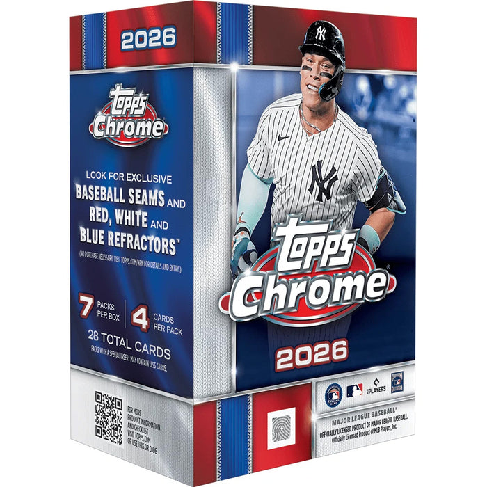 Topps Chrome MLB 2026 Value Box by Topps featuring a player in a New York Yankees uniform. The box spotlights exclusive cards and includes 7 packs per box with 4 cards per pack, for a total of 28 cards.
