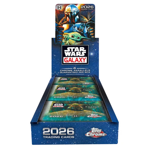 The Topps Chrome Star Wars Galaxy 2026 Hobby Box by Topps showcases eye-catching artwork of a Mandalorian and Grogu on its blue, galaxy-themed packaging, with text emphasizing chrome parallels.