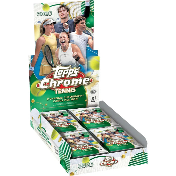 A Topps Chrome Tennis 2026 Hobby Box containing four packs and promotional imagery of professional tennis players.