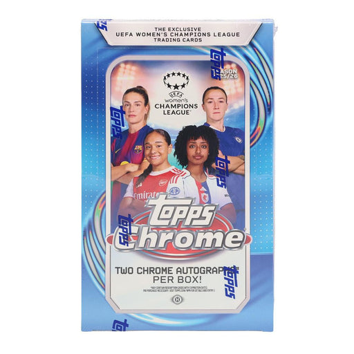 Box of Topps Chrome UEFA Women’s CL 2025/26 Hobby trading cards by Topps, showcasing four female soccer players. Features text promoting two chrome autograph cards per box, set against a blue and white background with the UEFA and Topps logos.