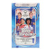 Box of Topps Chrome UEFA Women’s CL 2025/26 Hobby trading cards by Topps, showcasing four female soccer players. Features text promoting two chrome autograph cards per box, set against a blue and white background with the UEFA and Topps logos.