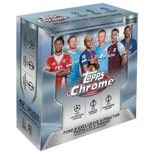 Topps Chrome UEFA Club Competitions 2025/26 Mega Box by Topps features trading cards with seven soccer players and logos of the Champions League, Europa League, and Conference League.