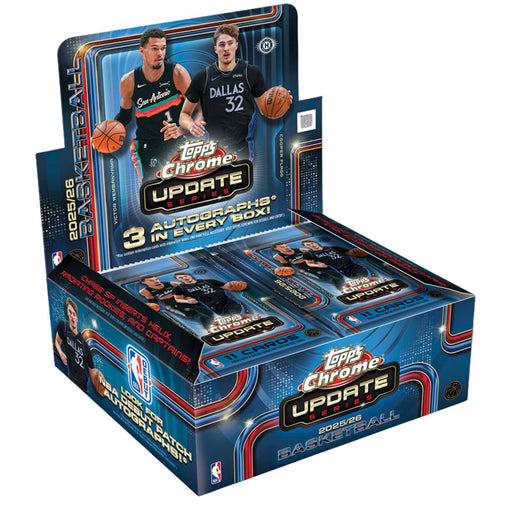Box of Topps NBA Chrome Update 2025/26 Jumbo Basketball cards, featuring photos of two players on the packaging. The box advertises 3 autographs in every box and contains multiple card packs.