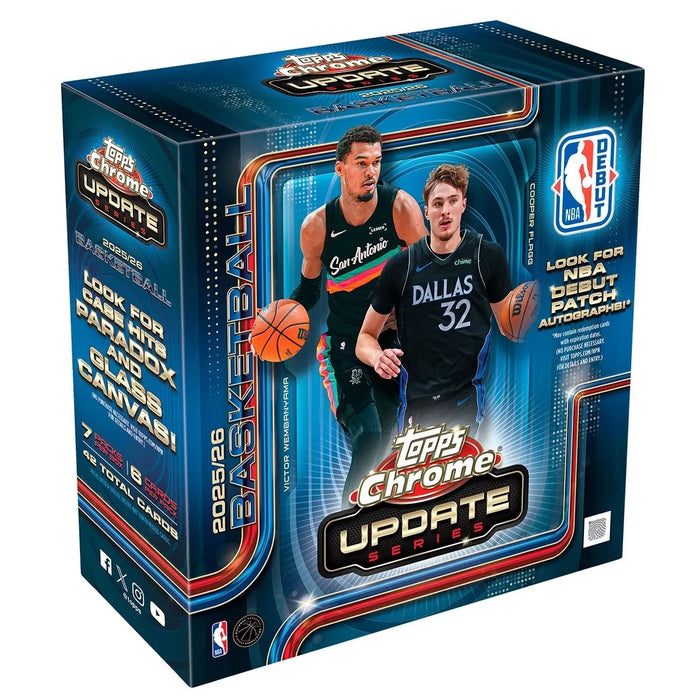 A box of 2025/26 Topps NBA Chrome Update Mega Box basketball trading cards featuring two players on the front, along with logos and promotional text highlighting autographs and patch cards.