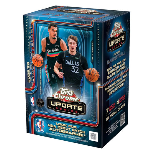 Topps NBA Chrome Update 2025/26 Value Box, by Topps, featuring two NBA players in action poses on the front, set against a blue and black digital background with promotional text highlighting potential autographs and pack details.