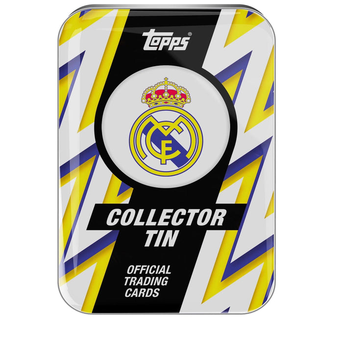 The Topps Collector Tin 2025/26 Real Madrid features the club crest centered on a rectangular tin with bold yellow, blue, and white lightning bolts. “Topps,” “Collector Tin,” and “Official Trading Cards” are displayed on the tin.