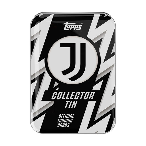The Topps Collector Tin 2025/26 Juventus features a black and white zigzag design, the Topps logo at the top, a large Juventus logo in the center, and "Collector Tin Official Trading Cards" text at the bottom.