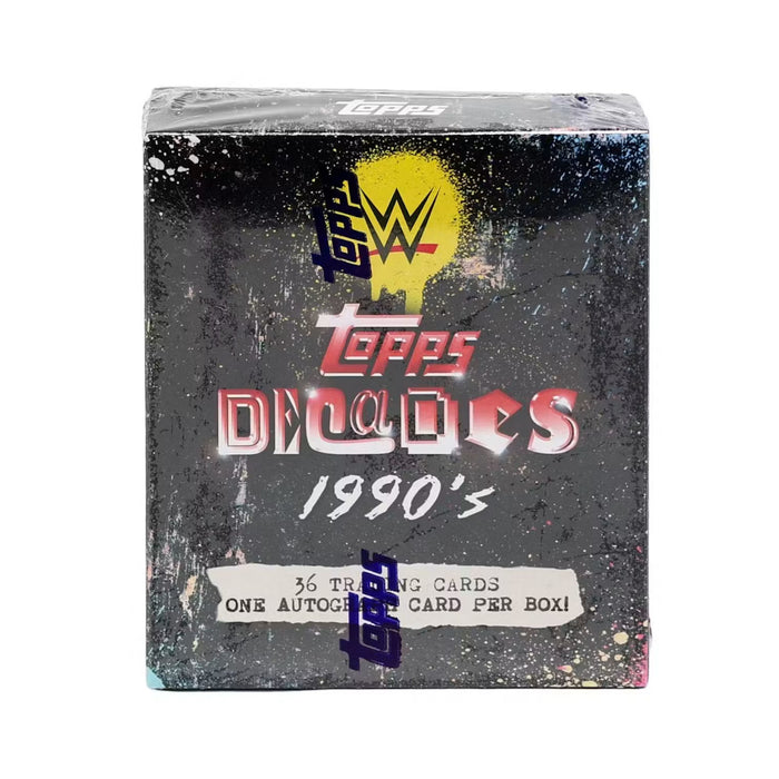 Topps WWE Decades 1990’s Hobby Box by Topps, featuring a colorful splatter design and text indicating 36 trading cards and one autograph card per box.