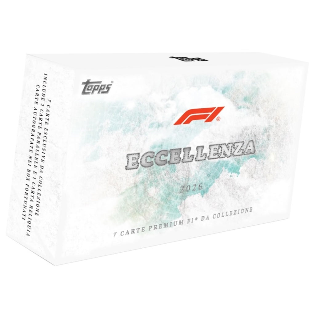 White rectangular Topps Eccellenza 2026 Formula 1 Hobby Box featuring the Formula 1 logo, the title Eccellenza 2026, and Italian text describing the contents.