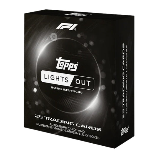 A Topps Formula 1 Lights Out Hobby Box for the 2026 season in black, featuring 25 trading cards per box with the chance to find autograph and numbered framed cards in select boxes.