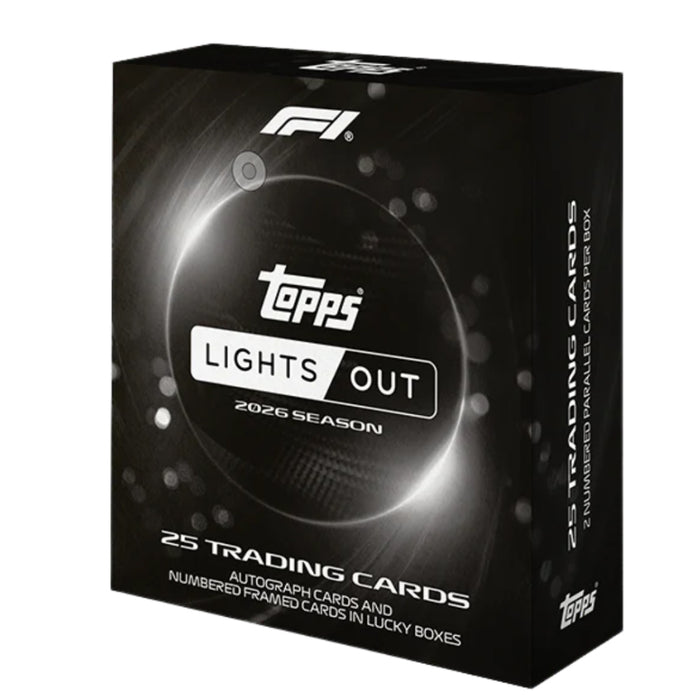 A Topps Formula 1 Lights Out Hobby Box for the 2026 season in black, featuring 25 trading cards per box with the chance to find autograph and numbered framed cards in select boxes.