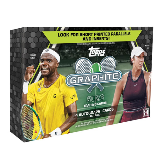 2026 Topps Graphite Hobby Box tennis trading card box from Topps, featuring images of two tennis players with racquets and showcasing promotional text highlighting parallels, inserts, and autographed cards.