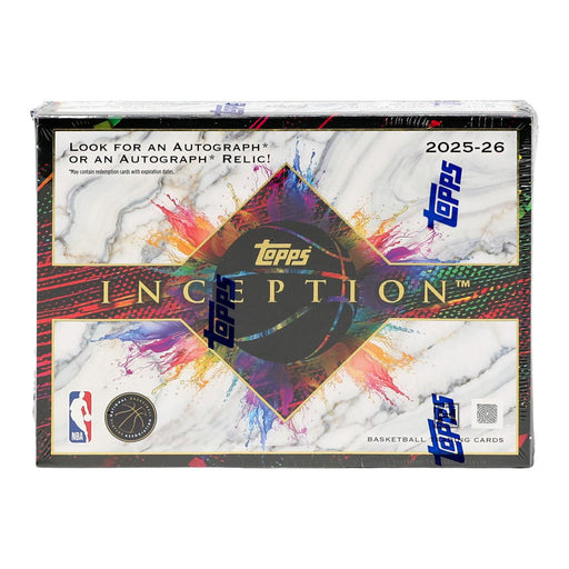 A sealed Topps NBA Inception 2025/26 Hobby Box featuring vibrant abstract artwork, Topps branding, and text highlighting the opportunity to discover autographed or relic cards inside.
