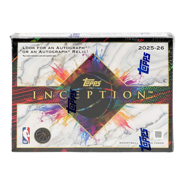 A sealed Topps NBA Inception 2025/26 Hobby Box featuring vibrant abstract artwork, Topps branding, and text highlighting the opportunity to discover autographed or relic cards inside.