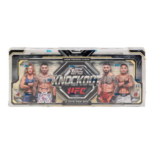 A box of Topps UFC Knockout 2025 Hobby trading cards featuring four fighters in UFC gear on the front, with bold Topps branding and details about the number of cards per box.