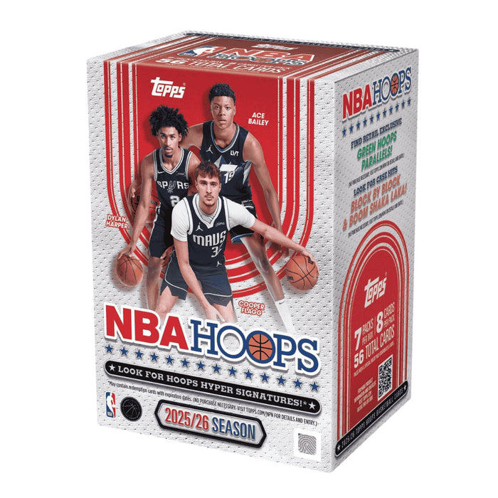 A Topps NBA Hoops 2025/26 Value Box featuring three basketball players, the NBA Hoops logo, and promotional text about signatures and card details. The Topps logo is visible on the box.