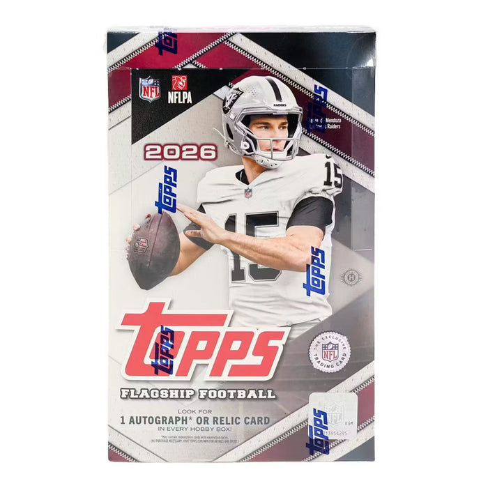 The 2026 Topps NFL Flagship Football Hobby Box showcases an NFL player in a silver and black uniform, and features text highlighting that each hobby box includes an autograph or relic card.