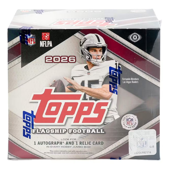 Box of Topps NFL Flagship Football 2026 Jumbo trading cards, featuring a football player in a white and silver uniform on the front. Highlights the chance to find autograph and relic cards inside. The box also displays the NFL and NFLPA logos.