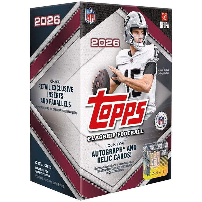 2026 Topps NFL Flagship Football Value Box by Topps, featuring a football player in uniform holding a ball. The box showcases autographs, relic cards, and exclusive inserts, and includes official NFL and NFLPA logos.