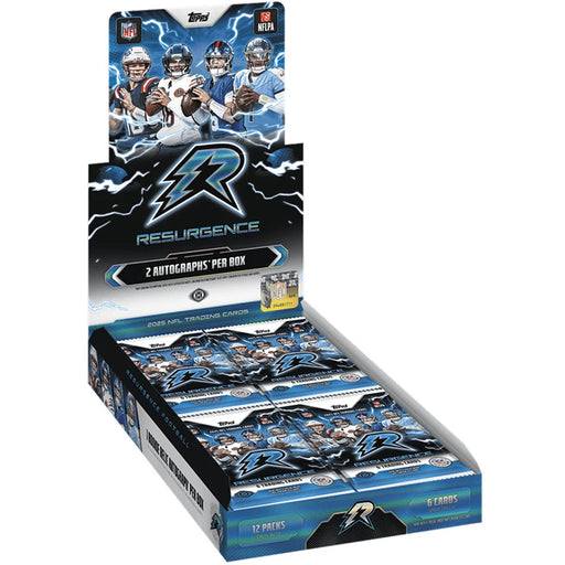 The Topps Resurgence NFL 2025 Hobby Box includes multiple packs of trading cards inside. The packaging, which displays images of football players along with the official NFL and Topps logos, advertises that each box contains 2 autographs.