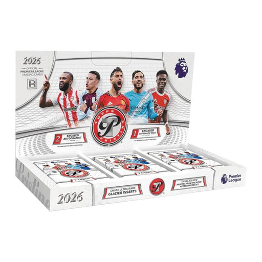 A Topps Pristine Premier League 2025/26 Hobby Box featuring five soccer players in various jerseys, with trading card packs arranged in rows. The Premier League logo appears in the top right corner.
