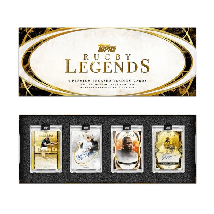 The Topps Rugby Legends 2026 Hobby Box by Topps showcases four individually encased trading cards featuring legendary rugby players, with select autographed cards included, all neatly arranged in a black foam insert below an elegant white-and-gold lid—making it the perfect samlerboks for devoted rugby collectors.