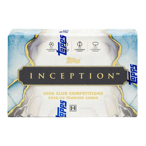 Topps Inception UEFA Club Competitions 2025/26 Hobby Box, showcasing blue and gold decorative design and featuring the Champions League and Conference League logos.