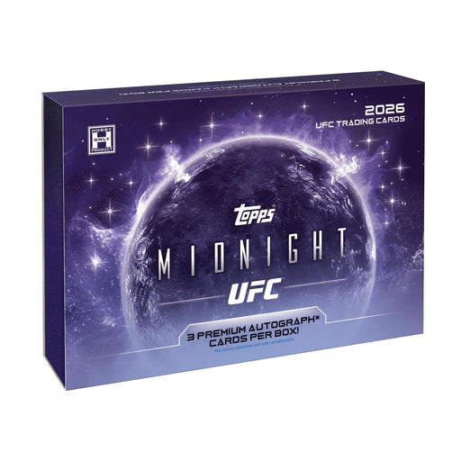 The Topps Midnight UFC 2026 Hobby Box showcases a striking purple cosmic background, with text emphasizing “3 premium autograph+ cards per box!” and “Hobby only.”.