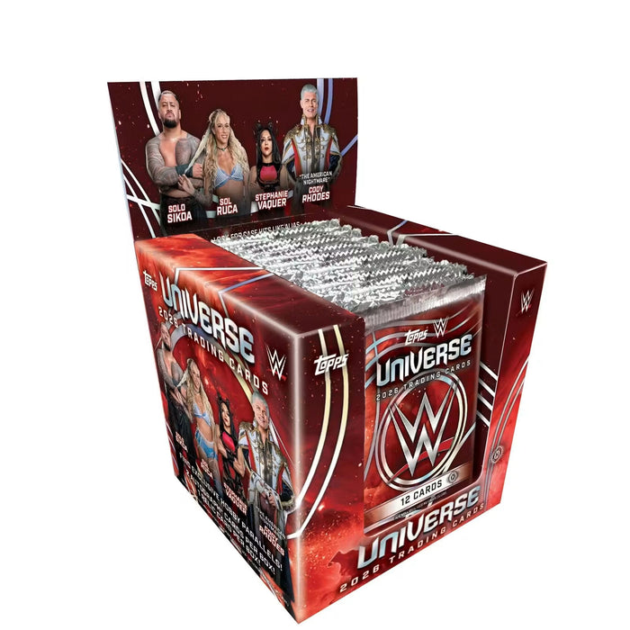 The Topps Universe 2026 WWE Hobby Box by Topps comes in eye-catching packaging adorned with images of popular wrestlers. Inside, several foil packs are marked with the WWE logo and contain 12 cards each. Ideal for wrestling samlekort collectors and WWE enthusiasts, this highly anticipated set gives fans an exciting look ahead to the official release of the Topps Universe 2026 WWE Hobby Box.