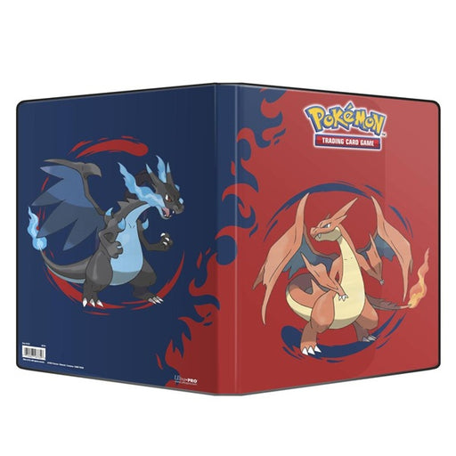 The Ultra Pro: Mega Charizard X/Y 9-Pocket Pro-Binder features Mega Charizard X on blue and Mega Charizard Y on red backgrounds with flame designs and the Pokémon Trading Card Game logo.