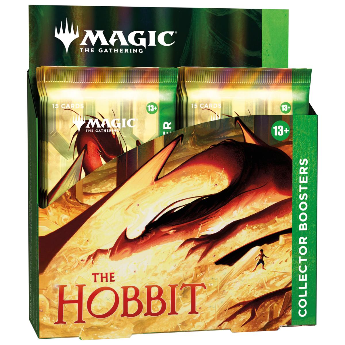 The Wizards of the Coast Magic the Gathering: The Hobbit Collector Booster Display features green and gold packaging adorned with artwork of a dragon and a small figure. Designed for ages 13 and up, this display box showcases The Hobbit theme on its collector boosters.