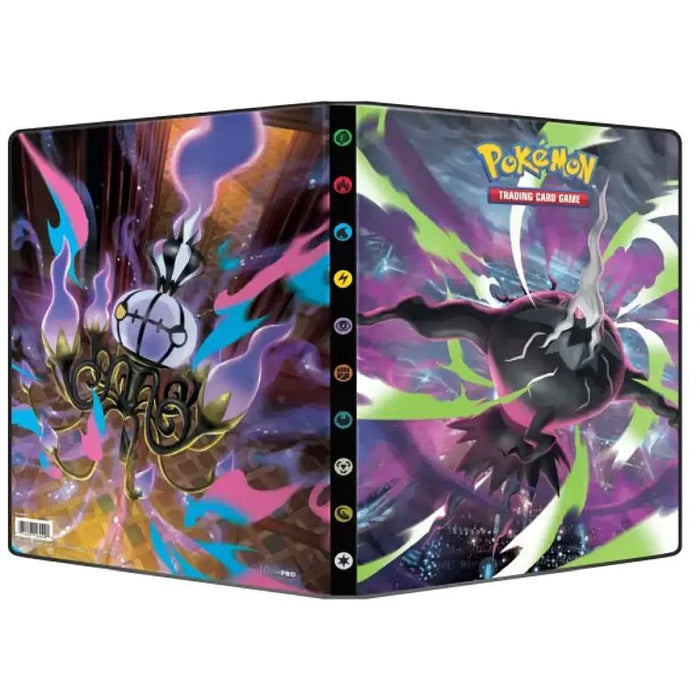 The Ultra Pro: Pitch Black 9-Pocket Mappe by The Pokémon Company showcases Darkrai on the front and Chandelure on the back, both surrounded by vibrant, swirling effects, with energy symbols lining the black spine.