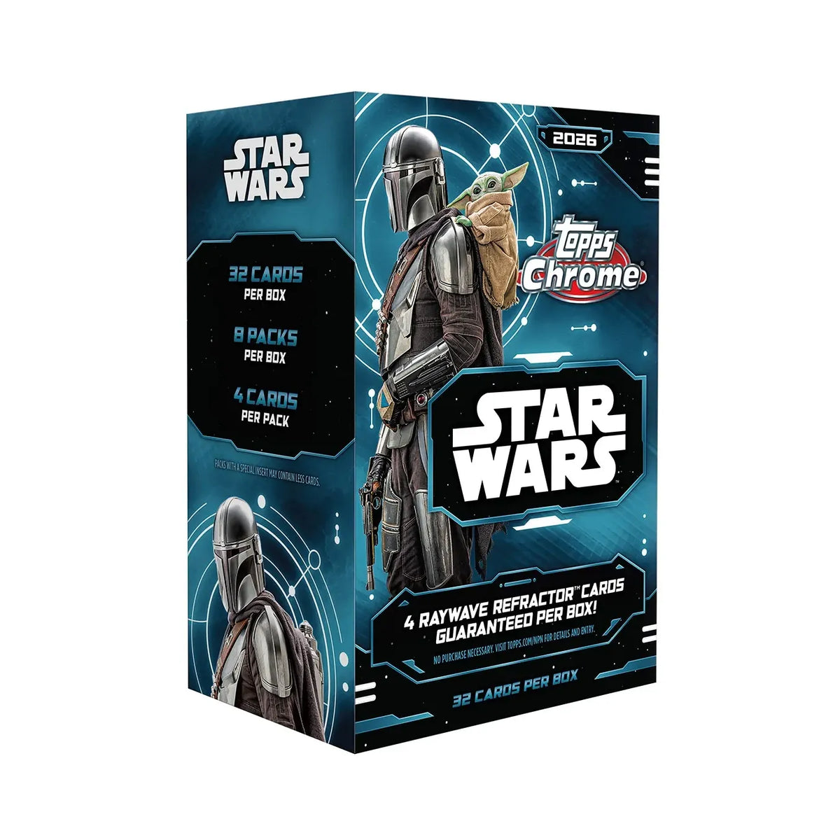 Topps Chrome Star Wars 2026 Value Box featuring The Mandalorian and Grogu, containing 8 packs with 4 cards each for a total of 32 cards, including 4 guaranteed Raywave Refractor cards.