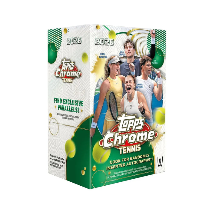 Topps Chrome Tennis 2026 Value Box featuring tennis players Mirra Andreeva, Jack Draper, and Amanda Anisimova.