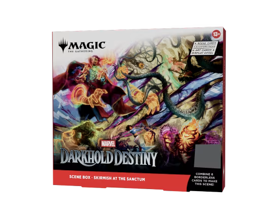 A Magic: The Gathering - Marvel Darkhold Destiny Collector Scenes box featuring an action-packed illustration of Doctor Strange and other characters in battle.