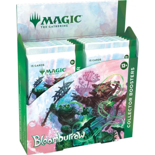 The Magic: The Gathering - Bloomburrow Collector Booster Display by Wizards of the Coast features vivid, whimsical fantasy animal artwork on its packaging and prominently displays the iconic Magic logo. Each pack in this eye-catching collector’s item contains 15 cards, making it a standout addition for any Magic fan.