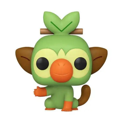 Funko POP! Pokemon: Grookey (#957) by Funko is a vinyl toy figure featuring the green, monkey-like Pokémon Grookey with big round eyes, an orange nose and mouth, brown ears and tail, and a green leaf with a stick on its head, displayed against a white background.