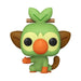 Funko POP! Pokemon: Grookey (#957) by Funko is a vinyl toy figure featuring the green, monkey-like Pokémon Grookey with big round eyes, an orange nose and mouth, brown ears and tail, and a green leaf with a stick on its head, displayed against a white background.