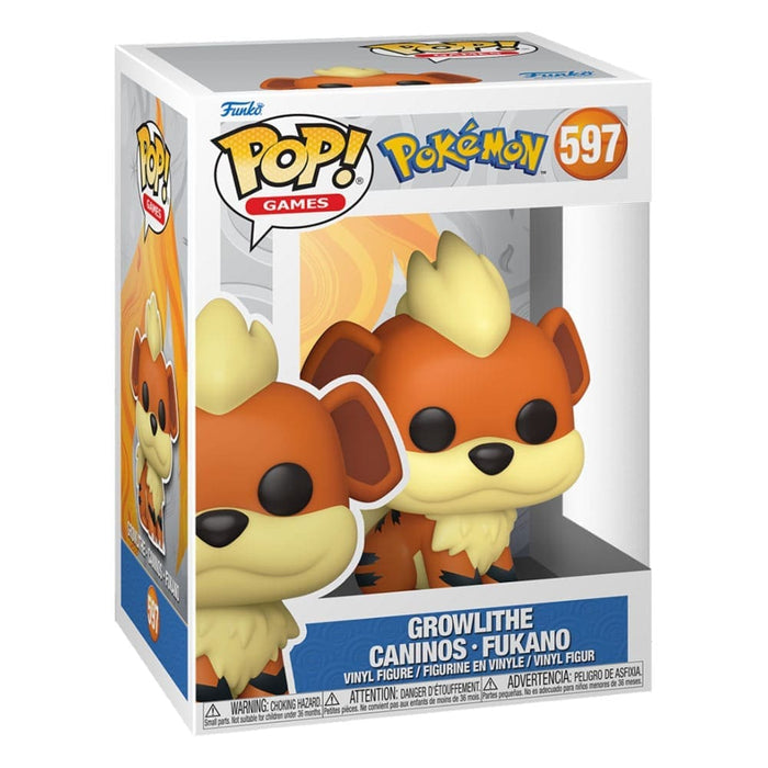 Funko POP! Pokemon: Growlithe – #597 vinyl figure by Funko, showcasing Growlithe’s orange and cream design inside its original packaging, set against a white background.