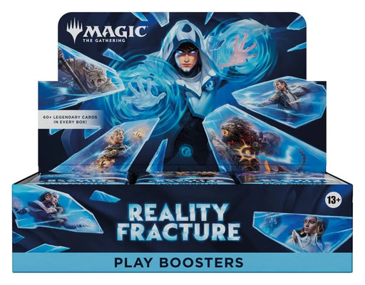 Wizards of the Coast Magic: The Gathering – Reality Fracture Play Booster Display box showcases dynamic fantasy artwork in blue hues, includes an age 13+ label, and highlights “60+ Legendary Cards in Every Box.”.