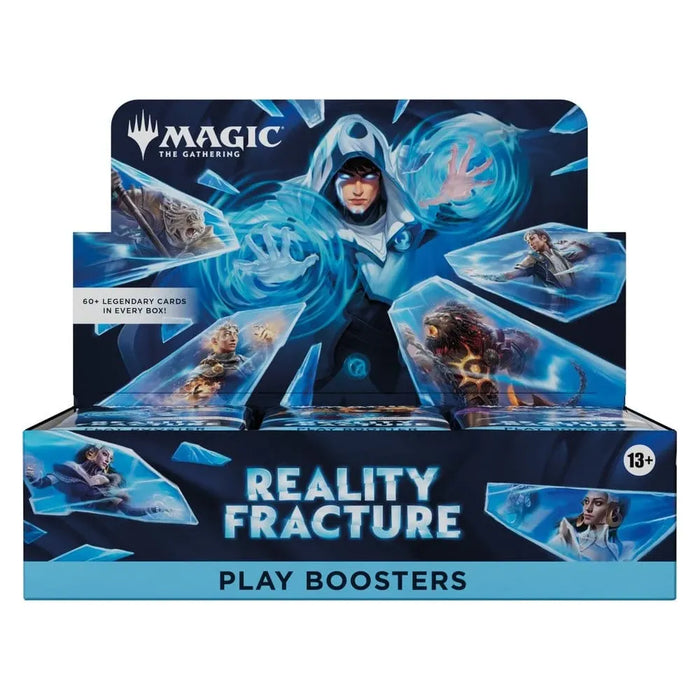 Wizards of the Coast Magic: The Gathering – Reality Fracture Play Booster Display box showcases dynamic fantasy artwork in blue hues, includes an age 13+ label, and highlights “60+ Legendary Cards in Every Box.”.