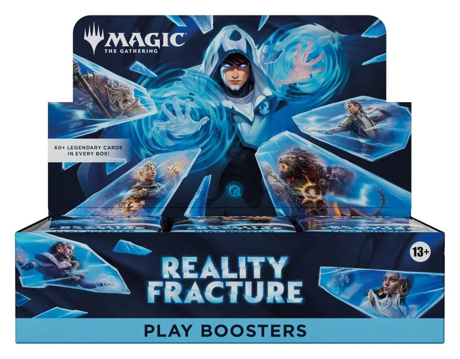 Wizards of the Coast Magic: The Gathering – Reality Fracture Play Booster Display box showcases dynamic fantasy artwork in blue hues, includes an age 13+ label, and highlights “60+ Legendary Cards in Every Box.”.