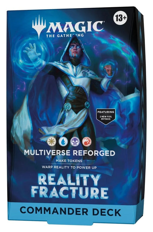 The Magic: The Gathering - Reality Fracture - Multiverse Reforged Commander Deck from Wizards of the Coast features a blue-clad wizard casting magic amid swirling blue energy and is recommended for ages 13 and up.