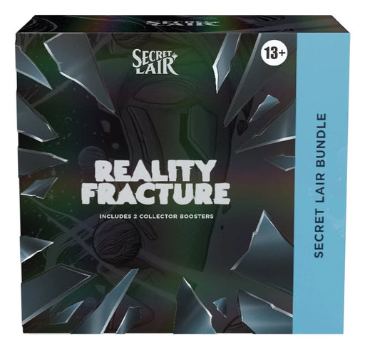 A box labeled Magic: The Gathering – Reality Fracture Secret Lair Bundle by Wizards of the Coast, showcasing a shattered glass design, text indicating it contains 2 collector boosters, and a 13+ age rating in the top right corner.