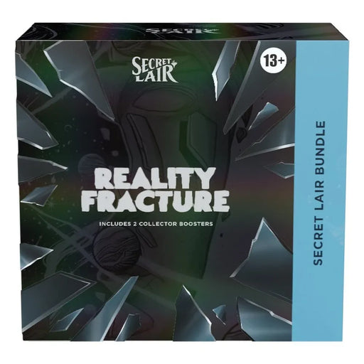 A box labeled Magic: The Gathering – Reality Fracture Secret Lair Bundle by Wizards of the Coast, showcasing a shattered glass design, text indicating it contains 2 collector boosters, and a 13+ age rating in the top right corner.