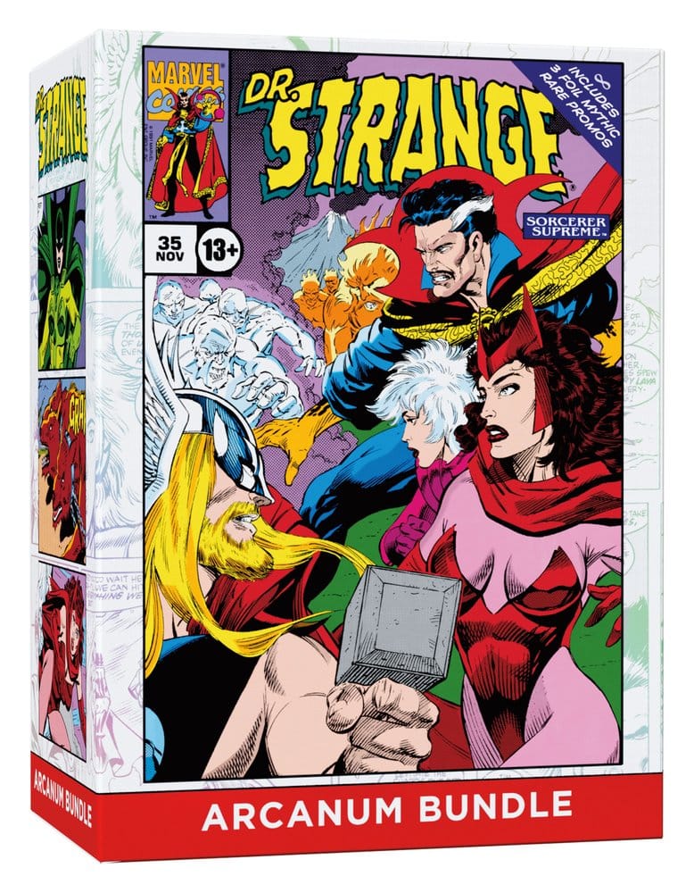 Rectangular Magic: The Gathering - Marvel Darkhold Destiny Collector Arcanum Bundle box featuring Marvel comic art of Dr. Strange, Thor, and Scarlet Witch.