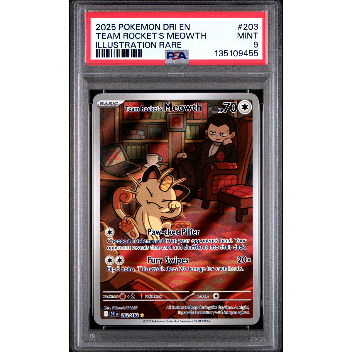 PSA9 ロケット団のニャース 039 Team Rocket Meowth Team Rocket's Meowth #203 PSA 9 – Illustration Rare | Rogerz.dk