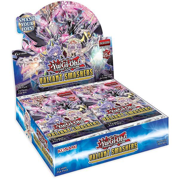 The Yu-Gi-Oh!: Valiant Smashers Booster Display by Konami features vibrant artwork, the iconic Konami logo, and the phrase “Smash Your Foes!” on the box, which holds multiple booster packs.